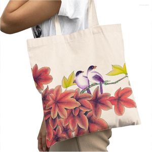 Alışveriş çantaları bambu kuş çiçeği kadınlar için Çince mürekkep karikatür hayvan tuval bayan büyük kapasiteli alışveriş çantası seyahat tote çanta