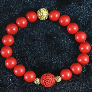 Link Bracelets Synthetic Red Cinnabar 10mm Round Beads Flower Ball With Yellow Spacer For Women Fashion Bracelet B823