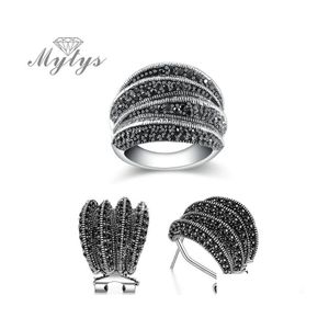 Ohrringe Halskette Mytys Black Markasites Ringe Sets für Frauen Antike Stud Geometrische Kreuz Ring Retro Vintage Schmuck Drop Lieferung Dhhej