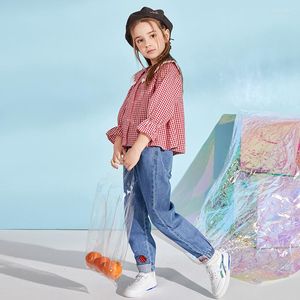 Kleidung Sets 2022 Mädchen Set Frühling Herbst Kinder Langarm Kariertes Hemd Denim Hosen Schule Kinder Mädchen Jean 4 6 8 10 12Y