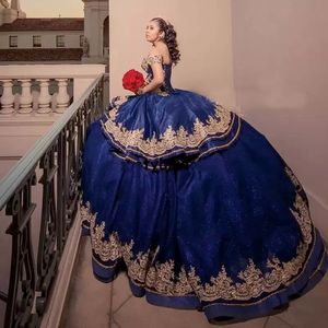 Abendkleid Navy Blue Quinceanera Dress Gold Appliques Vestidos de Quinceaneras Prom Dress Vestido Bordado Mexicano