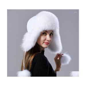 Boinas ushanka feminino de peles natural chap￩u de avia￧￣o com orelhas inverno quente fofo macio feminino tampa de flapa de fenda de moda de moda real groe dourn dht13