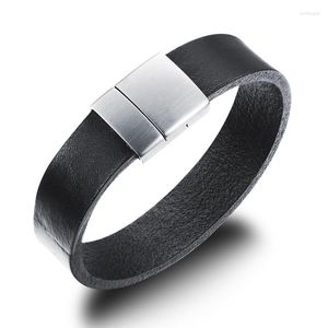 Charm Bracelets Trendy 8.26" 16mm Black Brown Genuine Leather Bracelet Men Stainlees Steel Cuff & Bangles Male Jewelry