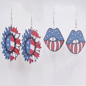 Dangle Earrings American Flag Bloom Lips Hook USA Stars Print Fashion Jewelry For Women Personality Big Earring Summer Wild