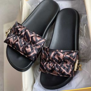 Women Ruched Satin Slides Sandals Women Vertigo Slippers Pink Brown Slip-on Flat Shoes Designers Wide-band Slipper With Gold Stopper And Drawstring 316