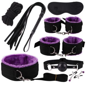 Beauty Items BDSM Bondage Kit 8 Pcs/set Handcuffs Nipple Clamps Mouth Ball Gag Whip Cotton Rope sexy Toys For Couples Eye mask Neck Collar