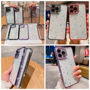 Bling Diamond Plating Star Cases para iPhone 15 14 Pro Max Plus 13 12 11 XR XS MAX X 8 7 Papel estrelado mudando luxo cromado metálico macio TPU Glitter Fine Hole Phone Cover