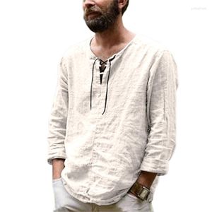 メンズTシャツimcute linen v-neck tieドローストリングTシャツストリートカジュアルロングスリーブレースアップシャツ春/秋の純粋な色のスリムトップ