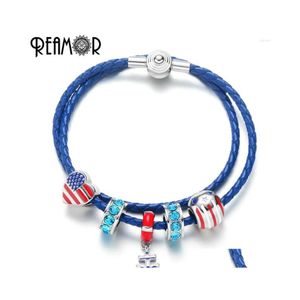 Charm Bracelets Reamor Navy Blue Genuine Leather Women Anchor Heart American Flag Cz Jewelry Love Usa Drop Delivery Dhkec