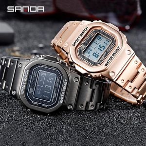 Square Men Sport Watches Metal Style Full Stainless Steel Digital Wrist Military Waterproof Reloj Deportivo Hombre Wristwatches295J