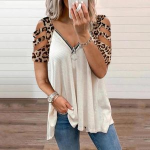 Women's Blouses Cold Shoulder Tops For Women Leopard Print Cut Out Blouse Shirt Sexy V Neck Zipper Short Sleeve Shirts