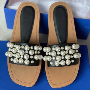 Designer Goldie Slide Women Pearl Sandals Real Leather Wood Sole Squared Toe Flat Slippers Ladies Girl Elegant Sandal Summer Beach Shoes With Box 314