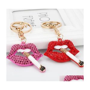 Keychains Lanyards 2021 Fashion Sexy Rose Red Lip Crystal Cigarette Keychain Charm Pendant Rhinestone Car Purse Handbag Key Chain Dhiy8