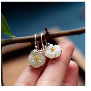 Dangle Earrings Vintage 925 Silver Needle Ear Hooks Little Bee Picking Honey White Jade Camellia Handmade Elegant And Fresh Women Gifts