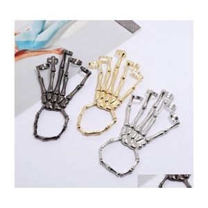 Bangle Punk Bracelet For Men Gothic Hand Chain Skl Skeleton Five Fingers Rings Adjustable Couples Women Halloween Jewelrybangle Drop Dhf4D