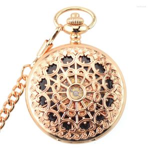 Relógios de bolso Rose Gold Luxury Skeleton Watch Mechanical Hand Wind Fob Pingente feminino Relogio de Bolso Spider Web
