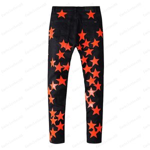 Mens Jeans Designer Ripped Slim Fit Skinny Pants Orange Star Patch Wearable Biker Stretchy Trendy Long Straight Hip Hop with Holes Blue CY8P