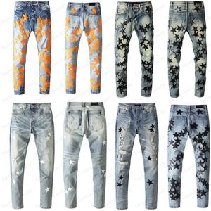 Herrenjeans mit Sternen, zerrissen, schmal, dünn, Herrenhose, orangefarbener Patch, tragbare Jeans, dehnbar, Biker, trendig, lang, gerade, Hip-Hop, mit Löchern, blau