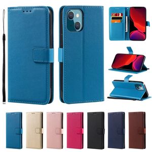 Plain Pu Leather Wallet Falls för iPhone 15 14 Plus 13 12 Mini Pro 11 XR XS Max X 8 7 6 Samsung Galaxy Note20 Ultra Flip Cover Fashion Card ID Magnetic Holer Pouch Strap