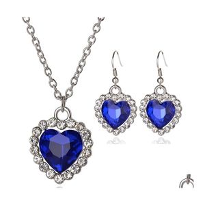 Ohrringe Halskette Österreichisches Kristallherz des Ozeans Schmucksets Weiße Strasssteine Blauer Edelstein Halsketten und Ohrring-Set für Frauen Dhdev