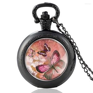 Карманные часы, очаровательные модные розовые бабочки, дизайн, стеклянный кабошон, кварцевые часы, винтажные мужские и женские кулонные цепочки и ожерелья, часы-часы