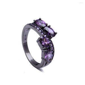 Wedding Rings Lady's Black Gold-color Princess-cut Luxury Jewelry 2022 Micro Paved Purple Blue Pink Cubic Zircon Ring
