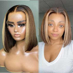 Highlight Short Bob Straight Lace Front Wig Human Hair Brazlian Hair Natural Preplucked With Baby