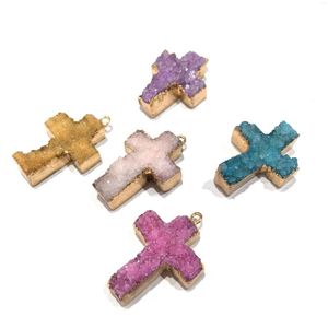 Charms Natural Druzy Agates Pendant Cross Shape Small For Women Jewelry Gift Size 23x35 MM