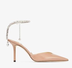 Luxus-Markendesign-High-Heels-Damenkleid-Schuhe, Pumps, 85 mm Absatz, Damenschuhe, Saeda, sexy Spitzenzehen-Slingback und Strass-Knöchelriemenkette, Strass, mit Box