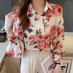 Kvinnors blusar skjortor för kvinnor långärmad 2022 Autumn Fashion Feminine Blusas Floral Chiffon Tops Mujer Lantern Elegant 1452