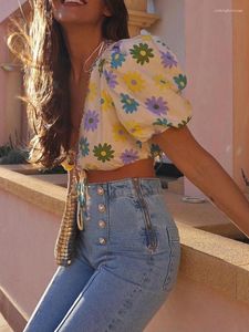 Blusas femininas Bohemian Short Print Shirts Women 2022 Bubble Sleeve Gola V Top sexy Summer Flower Printed Lace Up Womens Tops