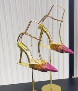 豪華なかかとSaeda Sandals Shoes Women Pumps Crystals and Leather Stileetto-Heel Lady High Heill Powy Toe Party Wedding Gladiator Sandalias EU35-43