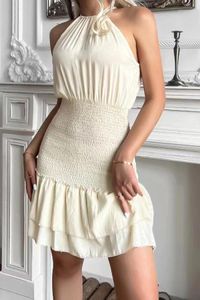 Casual Dresses Summer 2022 Ladies Elegant Ruffle Party Dress Sexig ryggl￶s minikvinnor ￤rml￶s fr￥n axel veckad smal