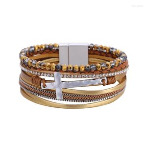 Bangle Bohemia Women's Cross Woven Multi-layer Crystal Magnetic Clasp Bracelet Charm Handmade Leather