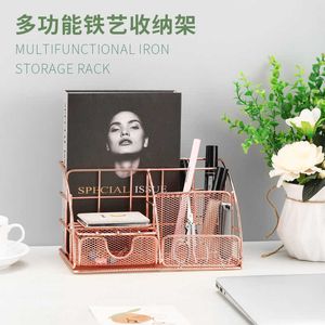 Rose Gold Desk Drawer Storage Box Magazine Rack med pennhållare handgjorda metallfiler Organisator Papperbricka