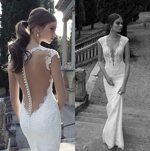 New Berta Winter Lace Wedding Dresses With Deep V Neck Sheer Illusion Back Sheath Sweep Train Covered Button Custom White Bridal Gowns
