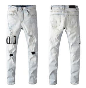 Marke Designer Herren Lila Jeans Amirs Denim Stickerei Hosen Mode Löcher Hosen Hip Hop Distressed Zipper Hosen Für Männer y8b