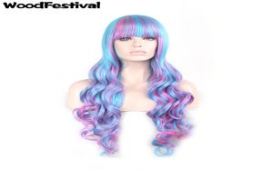 Woodfestival Long Curly Wig Ombre Fiber Fiber Hair Wigs Blue Pink Mix Color Lolita Cosplay Women Bangs 80CM1422031