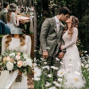 Summer Bohemian A Line Wedding Dresses Elegant Backless Long Sleeve Lace Countryside Boho Bridal Gowns Wedding Dress