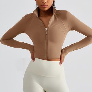 Aktiva skjortor Crop Top Gymjacka Dam Tight långärmad skjorta Fitness Sport Träning Tumhål Full Zip Up Yoga Träningskläder