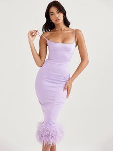 Casual Dresses Sexig Spaghetti Strap Feather Sleeveless Square Neck Bodycon Dress Summer Violet Satin Midi Party Club