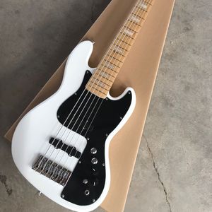 6 Strings White Electric Bass Guitar with Active Circuit Black Pickguard Maple Freboard Customizable