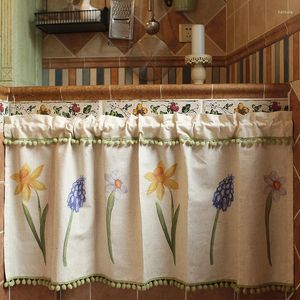 Vorhang American Country Nordic Baumwolle Leinen Halbtür Küchenschrank Prägnante Blumen Druck Perforationsfrei
