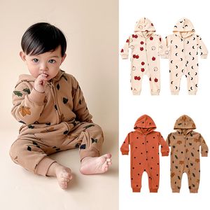 Baby Jumpsuit och Rompers Hooded Long Sleeve Moon l￤mnar tryck Bomull Causal dragkedja f￶r nyf￶dda pojkar flickor