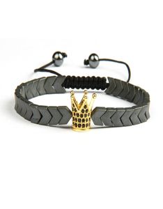 Cz Crown Men Bracelets Micro Pave Pave Negro Cz Gold Crown Macrame Bracelet with Hematite Stone Beads Regalo para hombres4114467