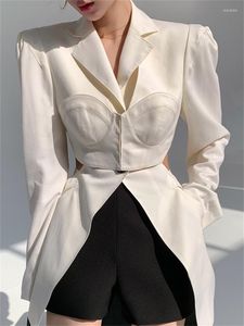 Ternos femininos Blazer casual branco para mulheres entalhadas na manga comprida Hollo