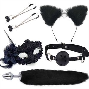 Skönhetsartiklar 5st/set Red Sexy Toys for Woman Cosplay Sexyy Mask Tail Metal Anal Plug Mouth Nipple Clip Bell Half Cat Ears Party BDSM