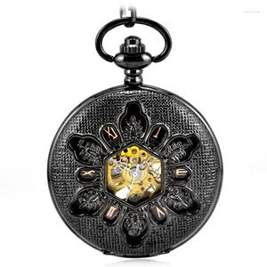 Карманные часы Antique Black Skeleton Mechanical Wind Wind FoB Clamshell Business Mens Watch подвесной ожерелье резного подарка