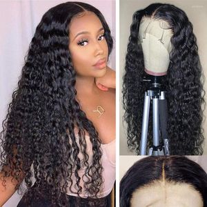 Deep Wave Spets Front Human Hair Wigs Natural Transparent Frontal Pre Plucked Hairline Remy Stängning