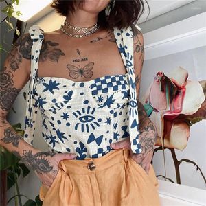 Kvinntankar Mosimolly 2022 Summer Print Camisole Topps Bow Caftans Croped Vest Strap Women Shirt Boho Beach